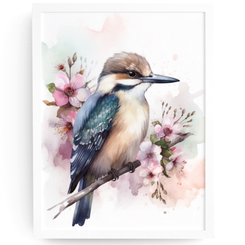 Watercolor Kookaburra Bird Portrait Wall Art Illustration Print Unframed